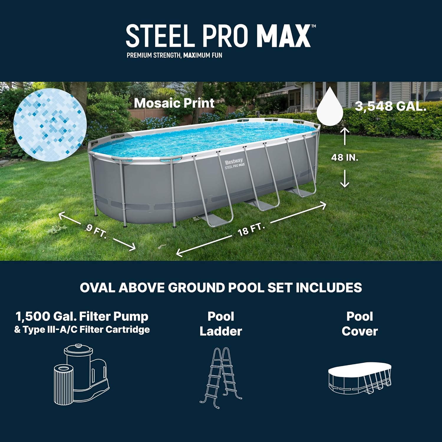 Bestway Steel Pro MAX 18' x 9' x 48" Above Ground Pool, Oval Metal Frame Outdoor Swimming Pool Set with Filter Pump, Ladder, and Cover, Gray Bestway Steel Pro MAX 18' x 9' x 48" Above Ground Pool, Oval Metal Frame Outdoor Swimming Pool Set with Filter Pump, Ladder, and Cover, Gray - Image 4