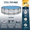 Bestway Steel Pro MAX 16' x 48" Above Ground Pool, Round Metal Frame Outdoor Swimming Pool Set with Filter Pump, Ladder, and Cover, Gray