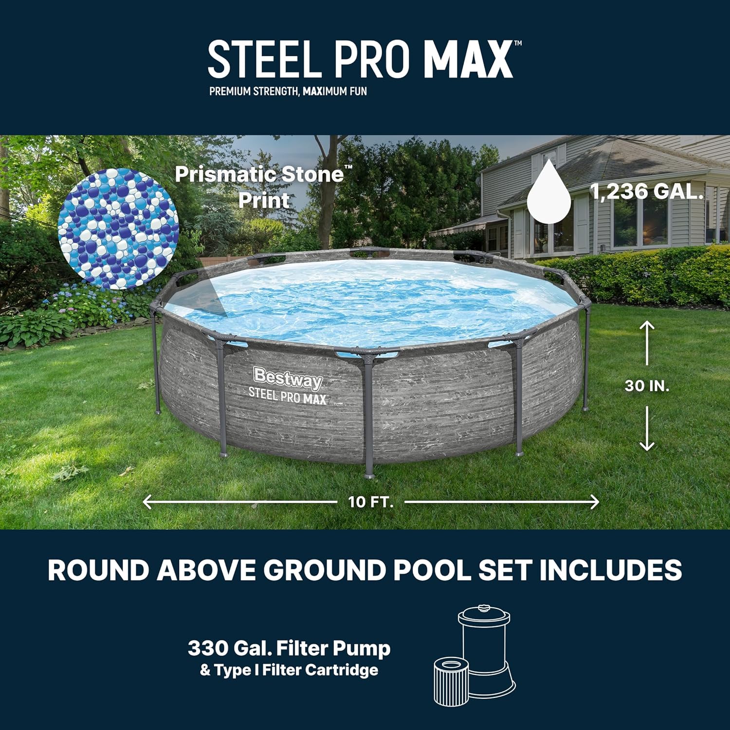 919G2VFamBL._AC_SL1500_.jpg Bestway Steel Pro MAX 10' x 30" Above Ground Pool, Round Metal Frame Outdoor Swimming Pool Set with Filter Pump, Stacked Stone Print