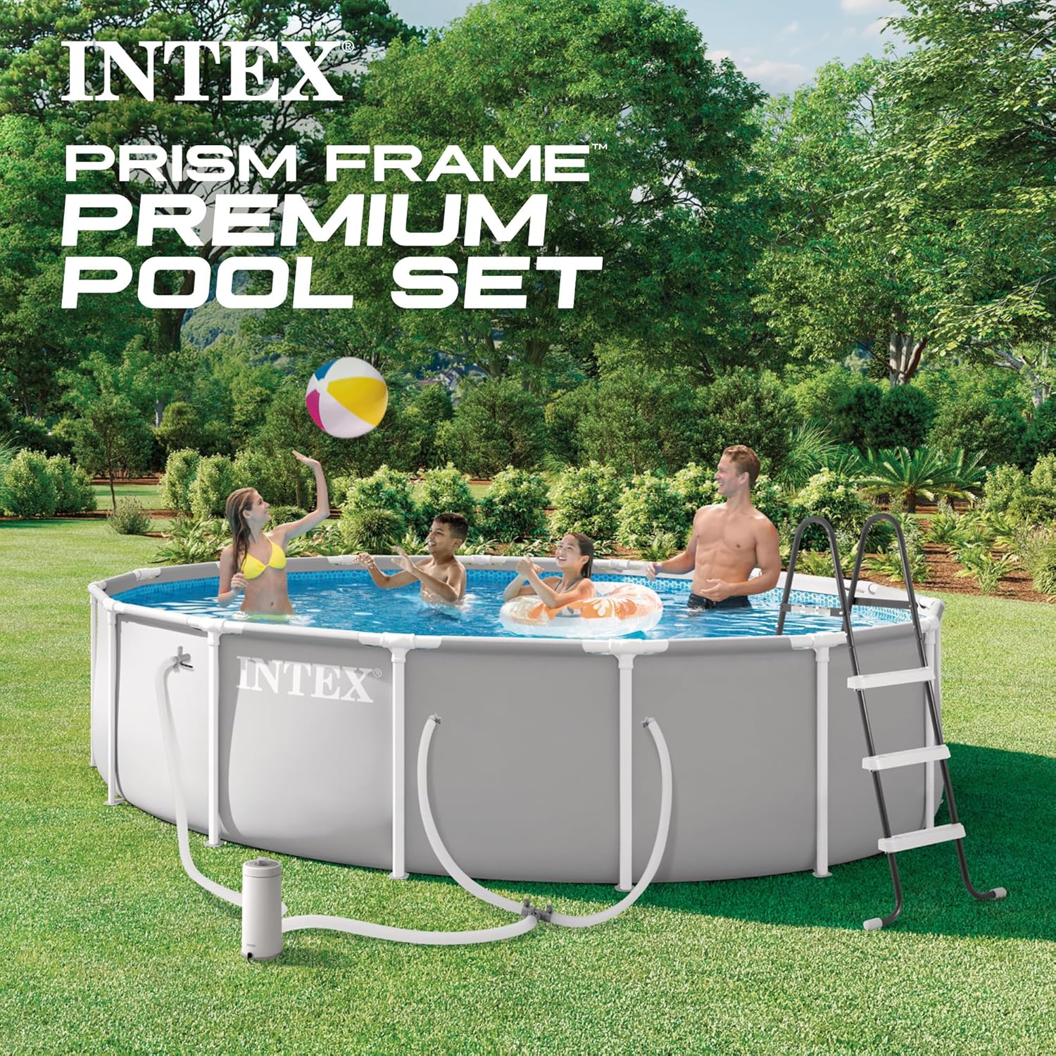 91HW6jdJFHL._AC_SL1500_.jpg INTEX Prism Frame 15 ft x 42 in Above Ground Pool Set, Round Swimming Pool with Steel Frame, 1000 GPH Cartridge Filter Pump, Ladder, Cover, & Ground Cloth