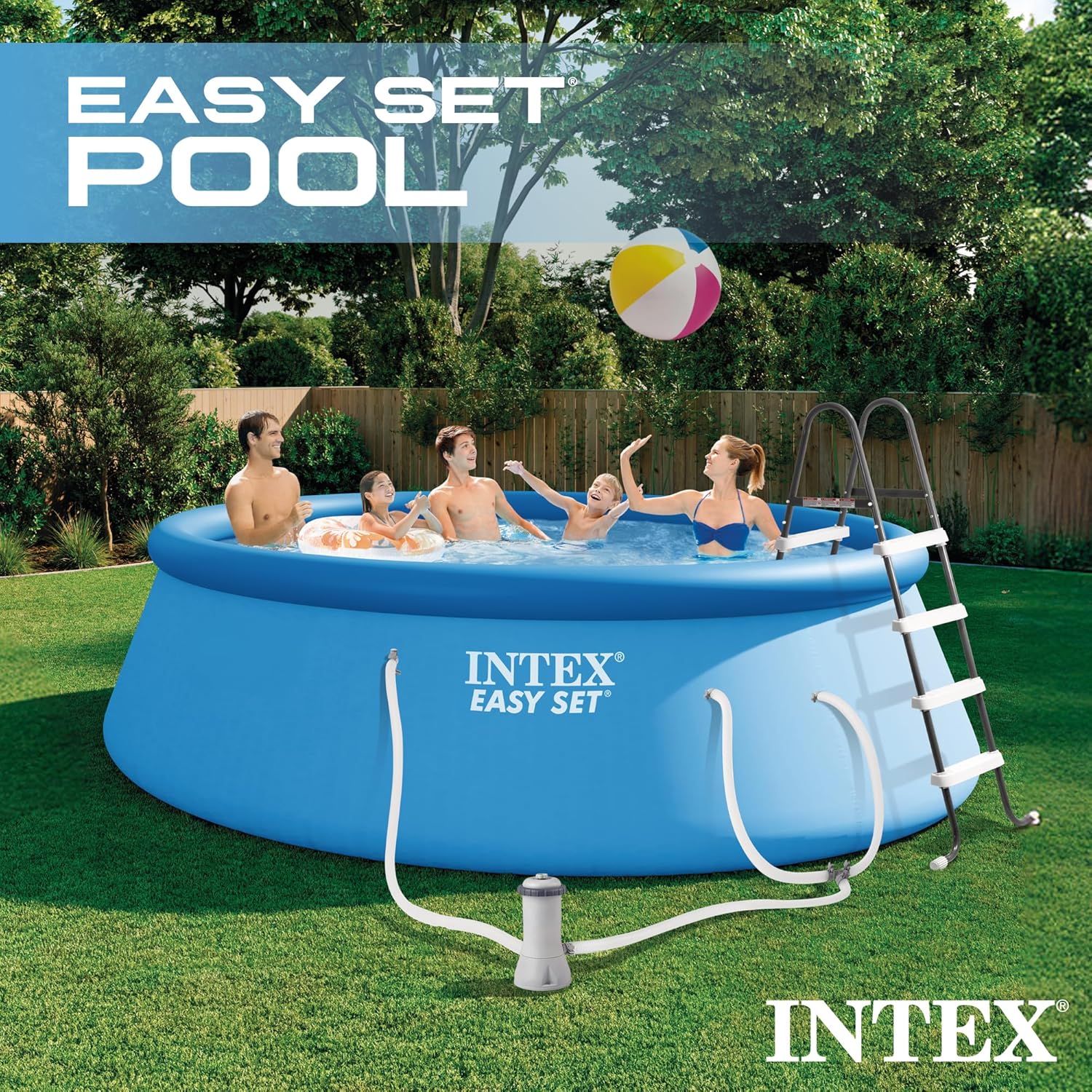 91I8q5F2grL._AC_SL1500_.jpg Intex 15ft x 48in Easy Set Outdoor Above Ground Swimming Pool Kit with Ladder, Cover, 1000 GPH GFCI Filter Pump and 6 Replacement Filter Cartridges