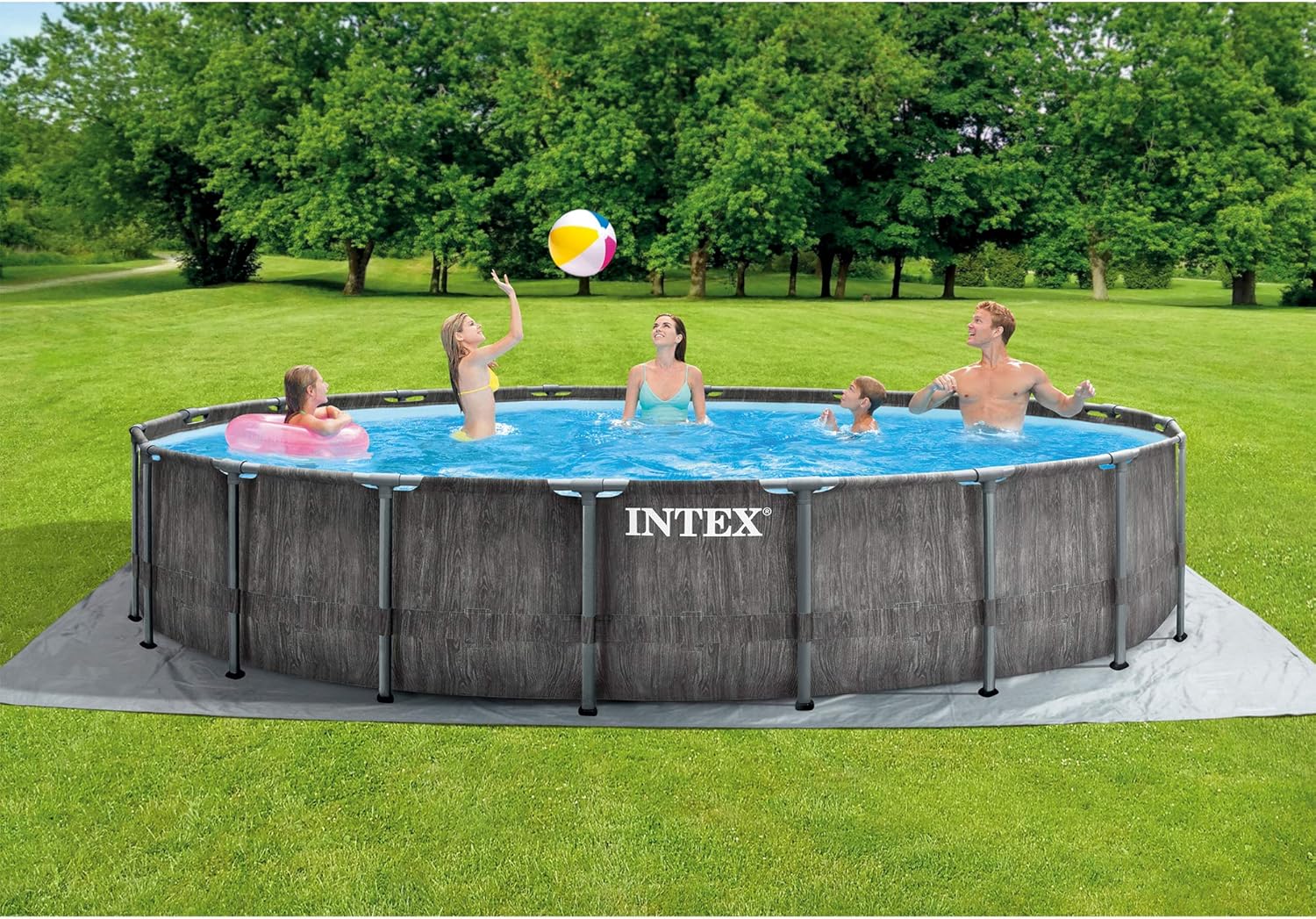 Intex Prism Frame Round Above Ground Outdoor Swimming Pool Set with Filter Pump, Ladder, Ground Cloth, and Pool Cover, Greywood Intex Prism Frame Round Above Ground Outdoor Swimming Pool Set with Filter Pump, Ladder, Ground Cloth, and Pool Cover, Greywood - Image 2