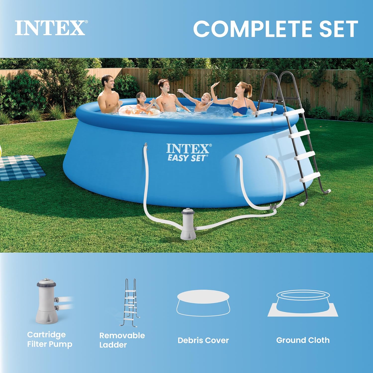 91PmqukSvHL._AC_SL1500_.jpg Intex 15ft x 48in Easy Set Outdoor Above Ground Swimming Pool Kit with Ladder, Cover, 1000 GPH GFCI Filter Pump and 6 Replacement Filter Cartridges
