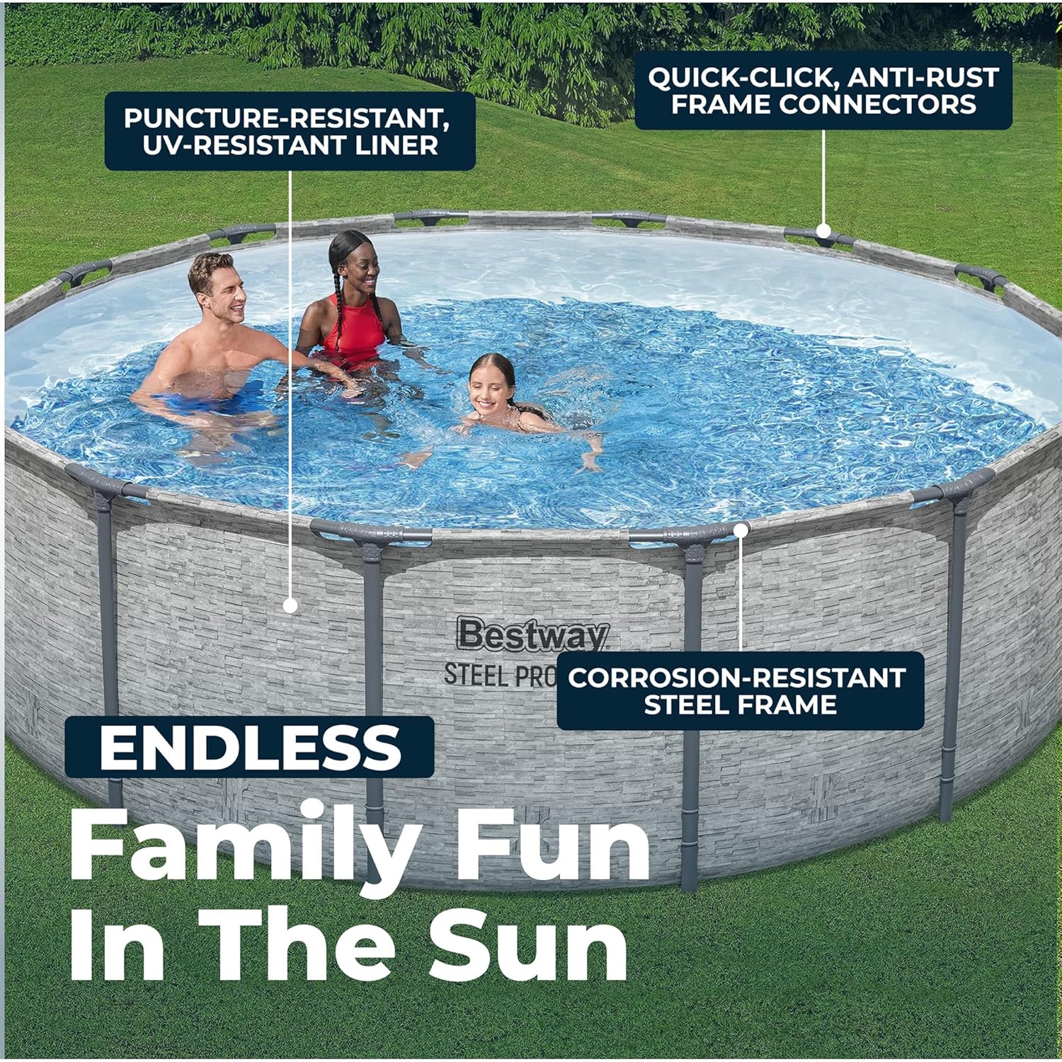 Bestway Steel Pro MAX 14' x 48" Above Ground Pool, Round Metal Frame Outdoor Swimming Pool Set with Filter Pump, Ladder, and Cover, Gray Stone Print Bestway Steel Pro MAX 14' x 48" Above Ground Pool, Round Metal Frame Outdoor Swimming Pool Set with Filter Pump, Ladder, and Cover, Gray Stone Print - Image 4