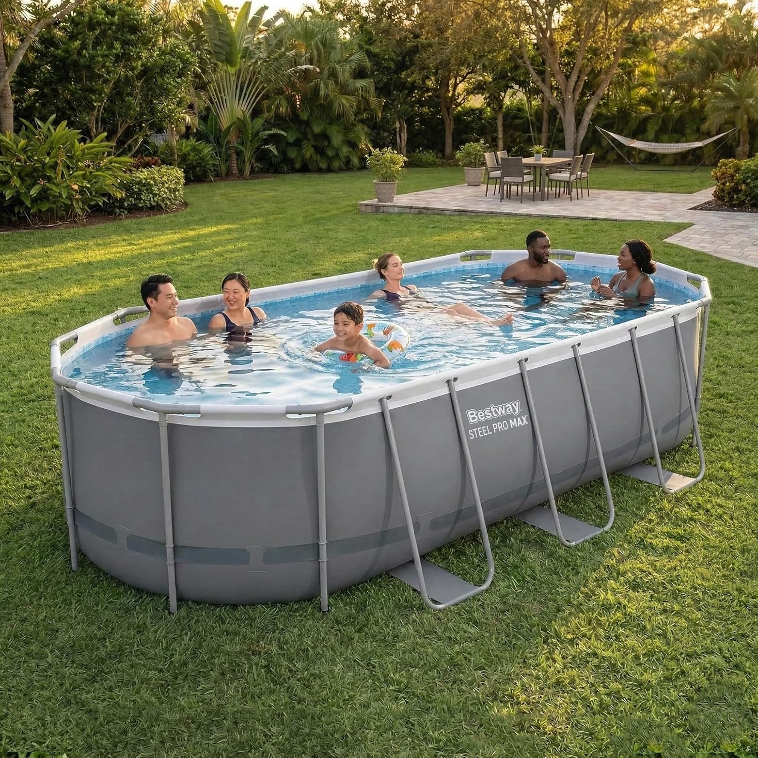 Bestway Steel Pro MAX 18' x 9' x 48" Above Ground Pool, Oval Metal Frame Outdoor Swimming Pool Set with Filter Pump, Ladder, and Cover, Gray Bestway Steel Pro MAX 18' x 9' x 48" Above Ground Pool, Oval Metal Frame Outdoor Swimming Pool Set with Filter Pump, Ladder, and Cover, Gray - Image 2