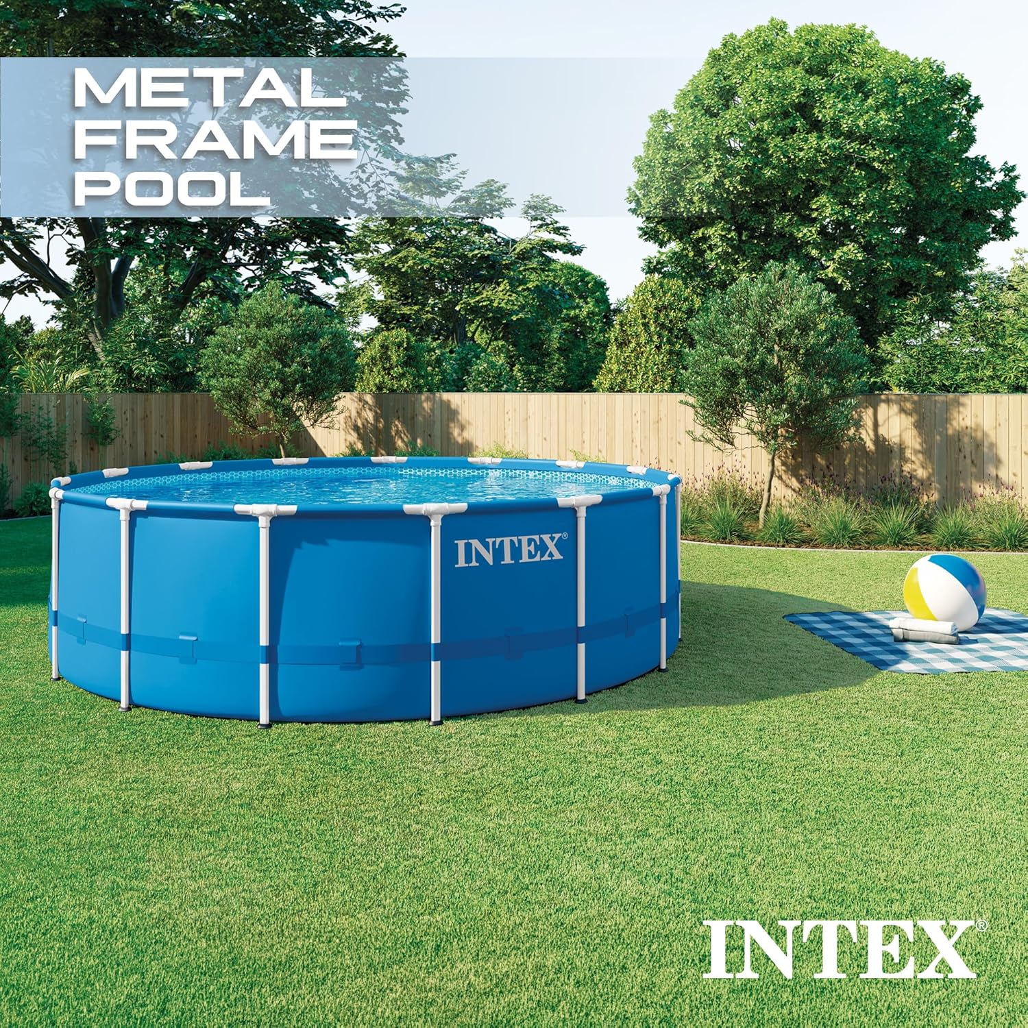 Intex Metal Frame 15' x 48" Round Above Ground Swimming Pool Set with Filter Pump, Ladder, and Cover with Maintenance Accessory Vacuum and Skimmer Kit Intex Metal Frame 15' x 48" Round Above Ground Swimming Pool Set with Filter Pump, Ladder, and Cover with Maintenance Accessory Vacuum and Skimmer Kit - Image 3