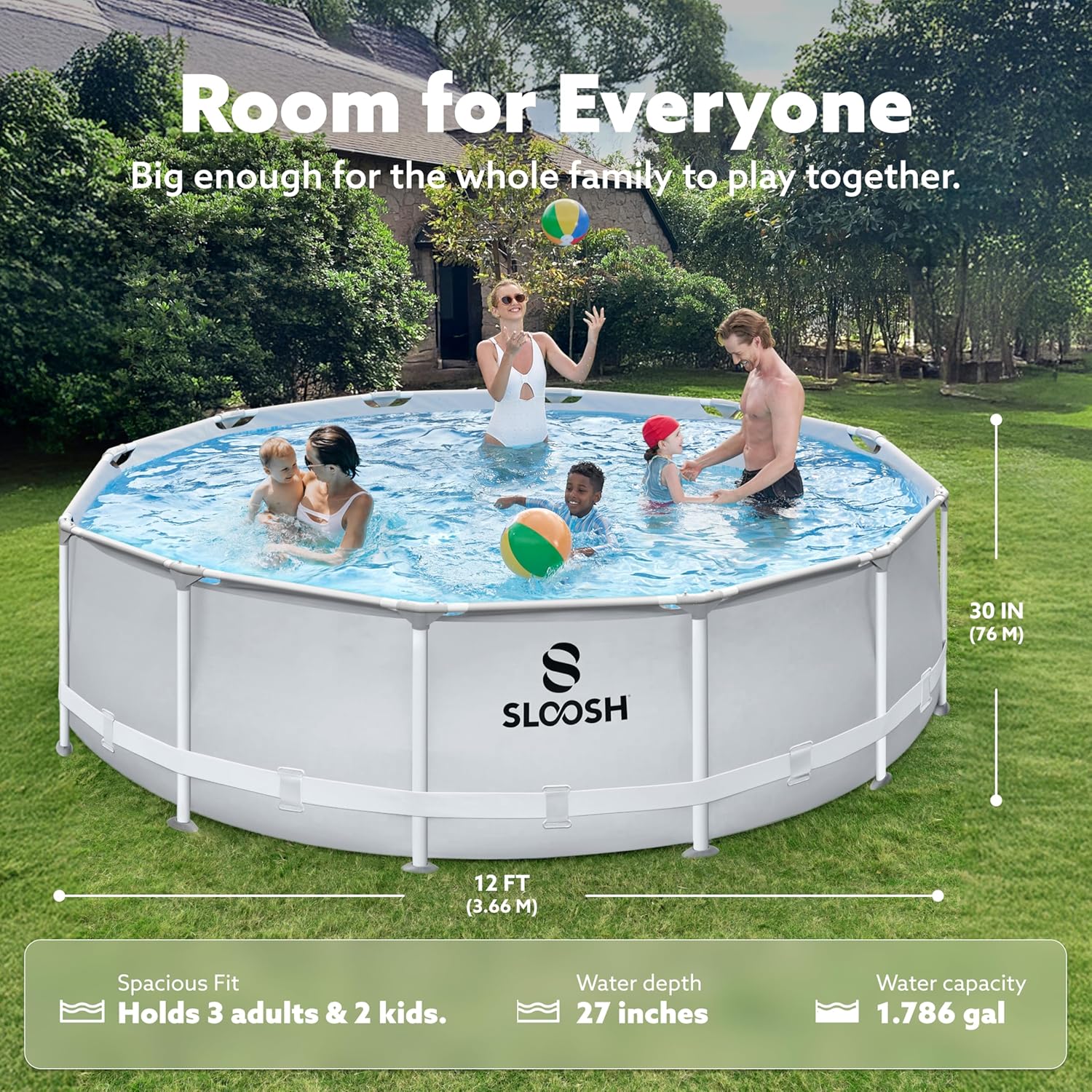 91yg9wWilXL._AC_SL1500_.jpg SLOOSH Round Above Ground Pool - 12ft x 30inch Outdoor Round Frame Above Ground Swimming Pool Set for Kids Adults with Filter Pump