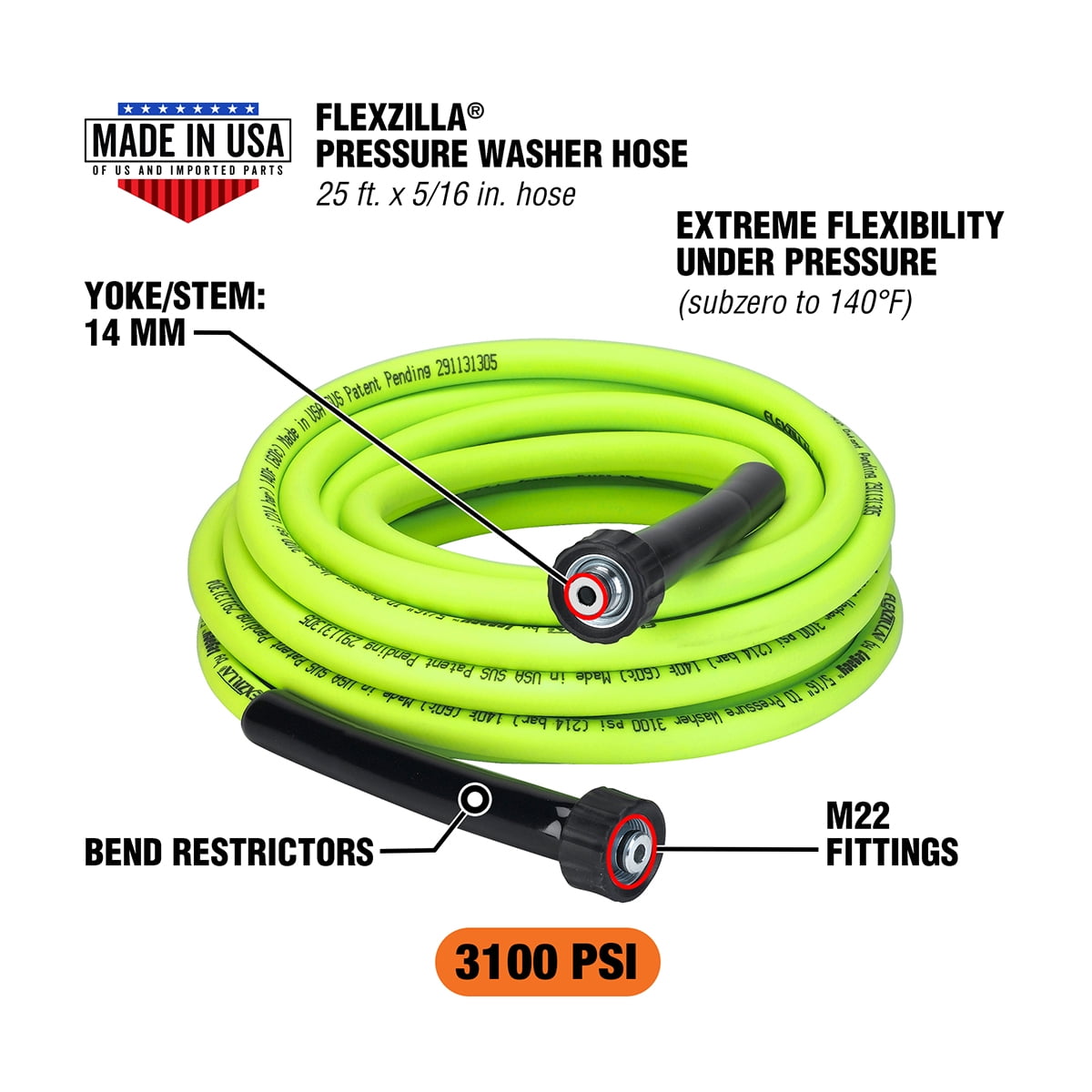 99b05634-2716-40eb-9201-44e15cbe597e.a15db27a3e09a88e38dff08acbf582c1.jpeg Flexzilla® Pressure Washer Hose, 5/16" x 25', 3100 PSI, M22 Fittings, Flexible Hybrid Polymer, ZillaGreen®