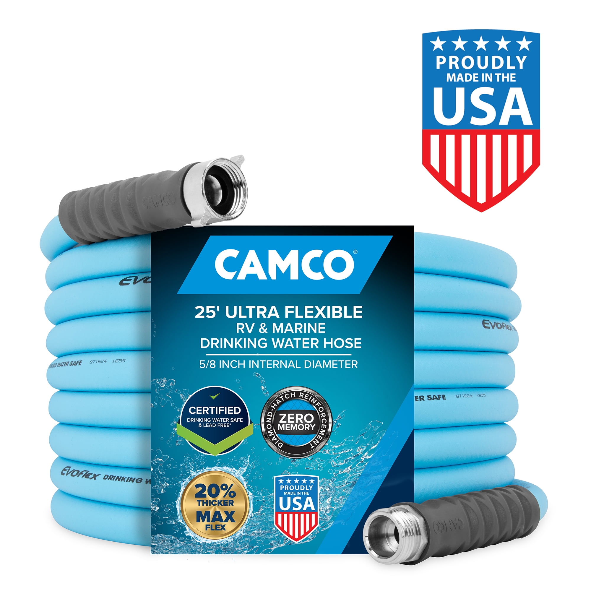 Camco 25-Foot EvoFlex RV Drinking Water Hose with Stainless Steel Strain Reliefs (22594)