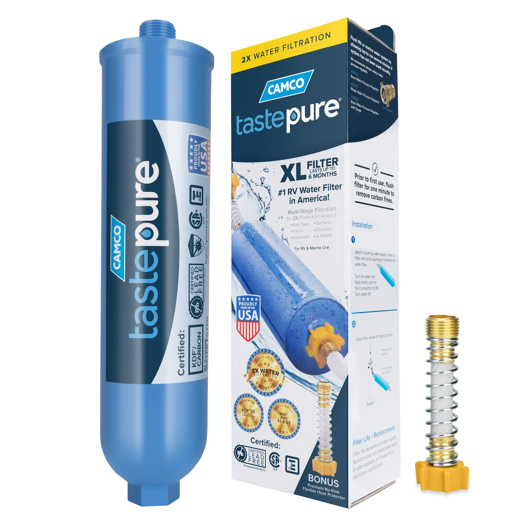 Camco TASTEPURE XL RV Water Filter and Hose Protector - 6-Step Water Filtration - Blue (40019)
