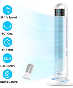 DREO Tower Fans for Home, 32" Standing Floor Fan, 26 Ft/S Bladeless Fan with Remote, 90° Oscillating, 3 Modes, 3 Speeds, LED Display, 8H Timer, Quiet Room Fan