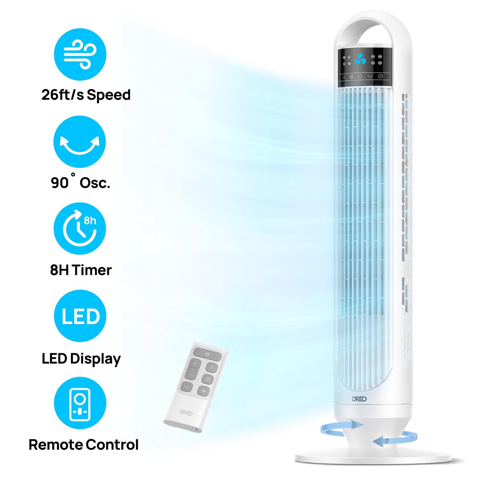 DREO Tower Fans for Home, 32" Standing Floor Fan, 26 Ft/S Bladeless Fan with Remote, 90° Oscillating, 3 Modes, 3 Speeds, LED Display, 8H Timer, Quiet Room Fan