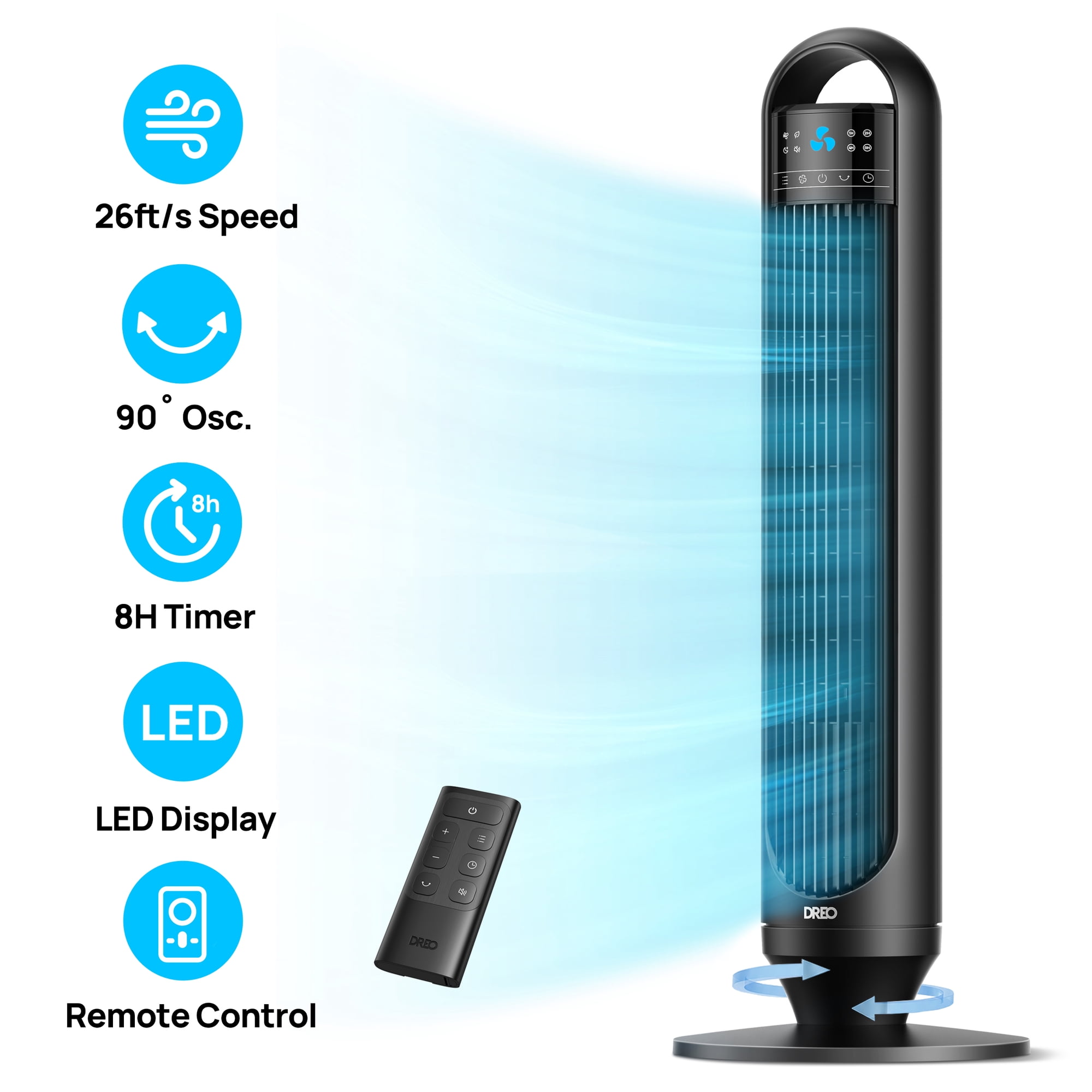 DREO Tower Fans for Home, 32" Standing Floor Fan, 26 ft/S Bladeless Fan with Remote, 90° Oscillating, 3 Modes, 3 Speeds, LED Display, 8H Timer, Quiet Room Fan