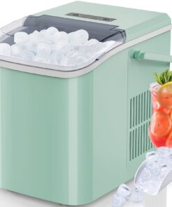 EDX Countertop Ice Maker, Self-Cleaning Portable Ice Maker Machine with Handle and Ice Scoop, Bullet Ice Cubes, 9Pcs 6Min 26.5Lbs 24H for Home Kitchen Bar Party, Green