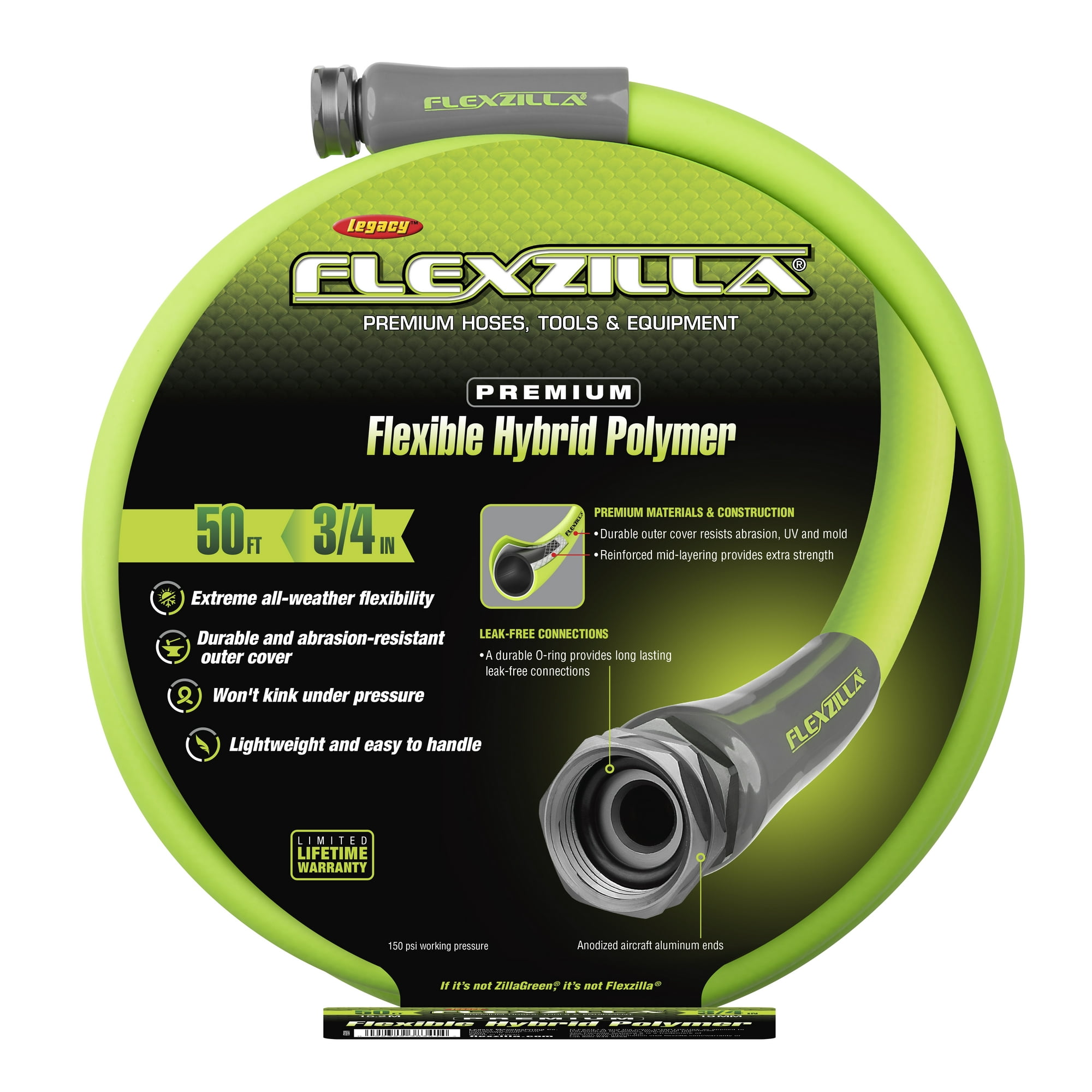Flexzilla® Garden Hose, 3/4" x 50', Flexible Hybrid Polymer, ZillaGreen®
