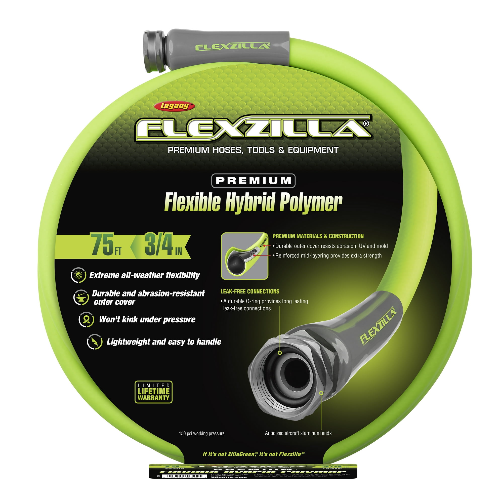 Flexzilla® Garden Hose, 3/4" x 75', Flexible Hybrid Polymer, ZillaGreen®