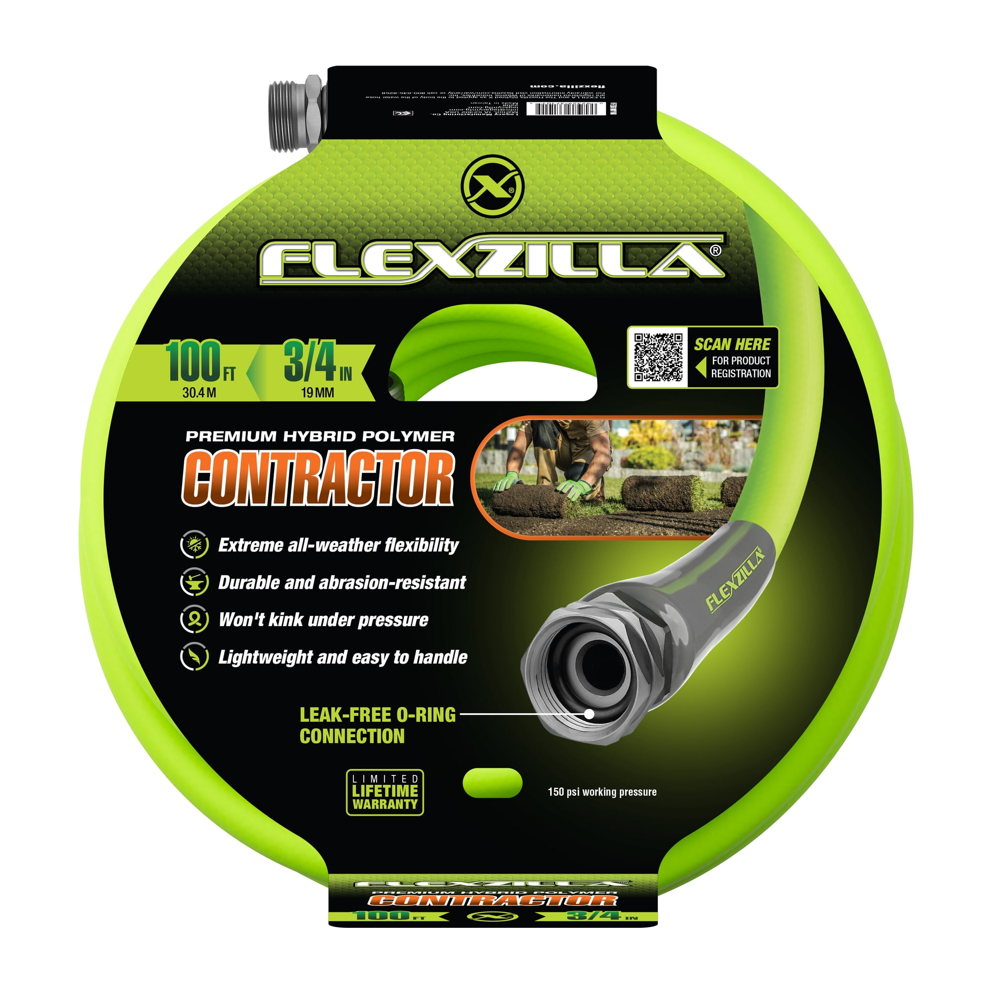 Flexzilla® Premium Grade Contractor Garden Hose, 3/4 in. x 100ft., Hybrid Polymer, ZillaGreen™