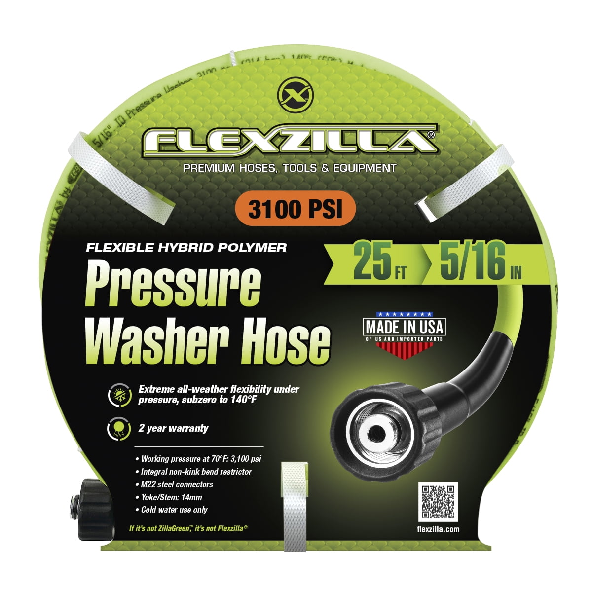 Flexzilla® Pressure Washer Hose, 5/16" x 25', 3100 PSI, M22 Fittings, Flexible Hybrid Polymer, ZillaGreen®
