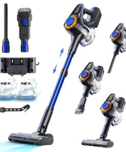 HOOFUN Cordless Vacuum Cleaner, 50mins Runtime, Powerful Stick Vacuum 6*2600mah Rechargeable Cordless Vacuum for Carpet, Tile, Pet Hair, Hardwood Floors, Blue
