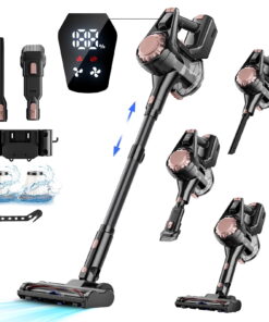 HOOFUN Cordless Vacuum Cleaner, 50mins Runtime, Powerful Stick Vacuum 6*2600mah Rechargeable Cordless Vacuum for Carpet, Tile, Pet Hair, Hardwood Floors, rose gold
