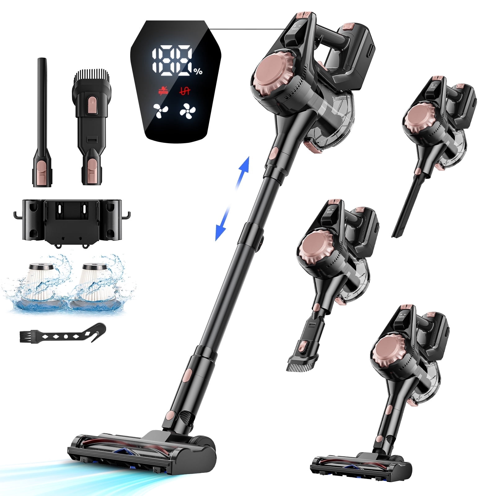 HOOFUN Cordless Vacuum Cleaner, 50mins Runtime, Powerful Stick Vacuum 6*2600mah Rechargeable Cordless Vacuum for Carpet, Tile, Pet Hair, Hardwood Floors, rose gold