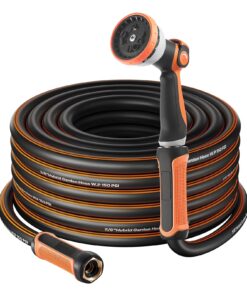 KFFKFF 150 ft 58 Heavy Duty Rubber Garden Hose with 10-Mode Spray Nozzle
