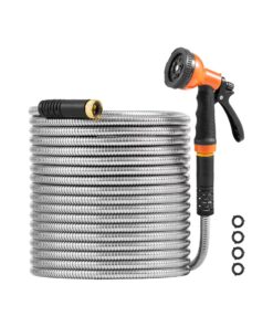 KFFKFF 200 ft Metal Garden Hose, Durable Stainless Steel Water Hose with 10-Function Spray Nozzle, Flexible & No-Kink