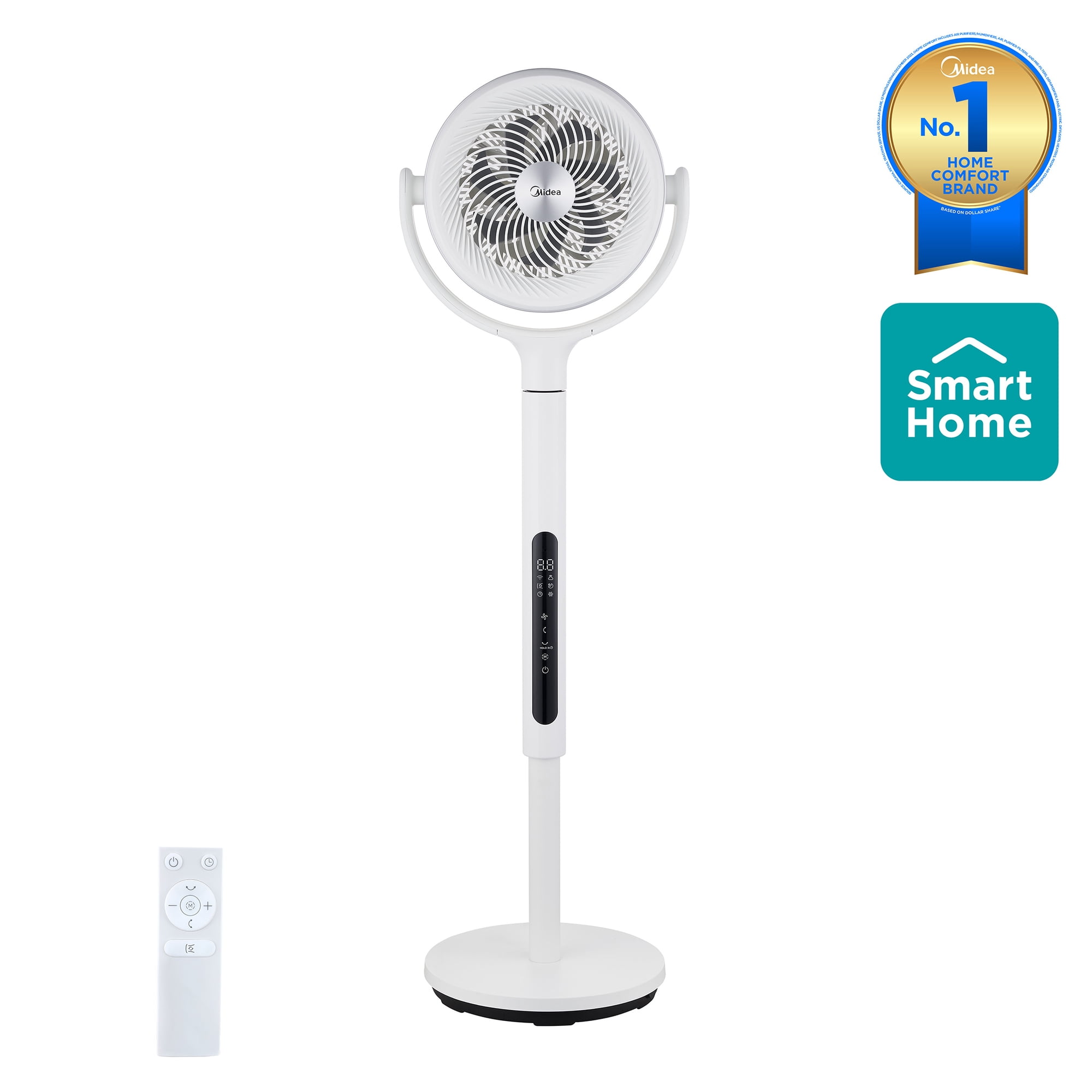 Midea Adjustable Pedestal Fan, 12 Speed, Auto Oscillation, Dust Filter, Smart, Remote, 33.9-44.1", White