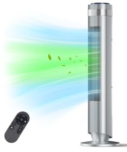 SHOUFTW 36 inch Tower Fan with Remote Control, Oscillating Bladeless Floor Fan, 5 Speeds and 4 Modes for Bedroom Home and Office, Silver