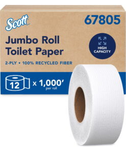 Scott Professional 100% Recycled Fiber High-Capacity Jumbo Roll Toilet Paper, Bulk (67805), 2-Ply, Septic Safe, White, Non-Perforated (12 Rolls at 1,000' Each, 12,000'/Case)