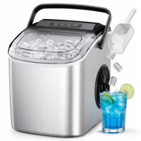 Simzlife Portable Ice Maker Countertop, 26 lbs 24H, 9 Bullet-Shaped Ice in 6 Min, Self-Cleaning Portable Ice Maker for Kitchen, Home, Office, RV, Stainless Steel