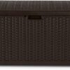 Suncast Outdoor Storage Box - 73 Gallon Mocha Brown Deck Box for Patio, weather-resistant Outdoor Storage Bench, Resin Wicker Style, Heavy-Duty, Lockable Lid for Cushions, Shoes, Pool & Garden Gear
