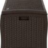 Suncast Outdoor Storage Box - 73 Gallon Mocha Brown Deck Box for Patio, weather-resistant Outdoor Storage Bench, Resin Wicker Style, Heavy-Duty, Lockable Lid for Cushions, Shoes, Pool & Garden Gear