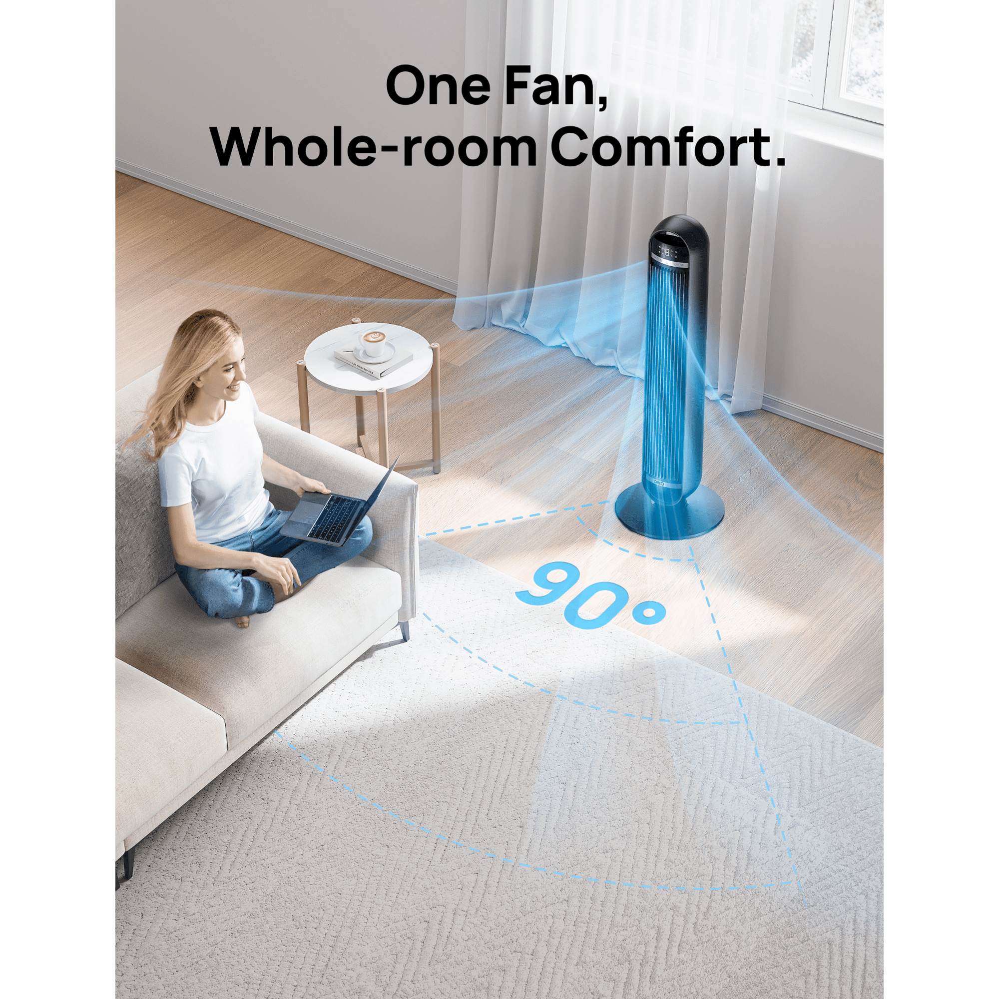 f677def5-3351-4fdc-be83-2e7dfcdb4ce6.1a452cd815358cdb67bbafe044b6853d.png DREO Nomad DC Tower Fan, 27ft/s Velocity, Ultra Quiet Bladeless Floor Fan with 10 Speeds and 4 Modes, 90° Oscillating, Remote Control