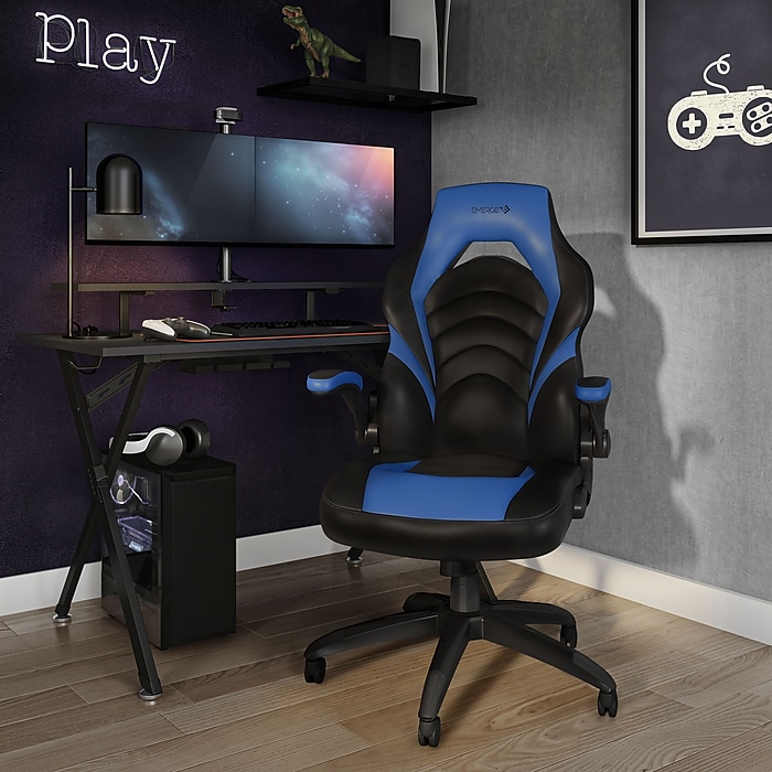 image-106.jpeg Staples Emerge Vortex Bonded Leather Ergonomic Gaming Chair, Black and Blue (58293-CC)