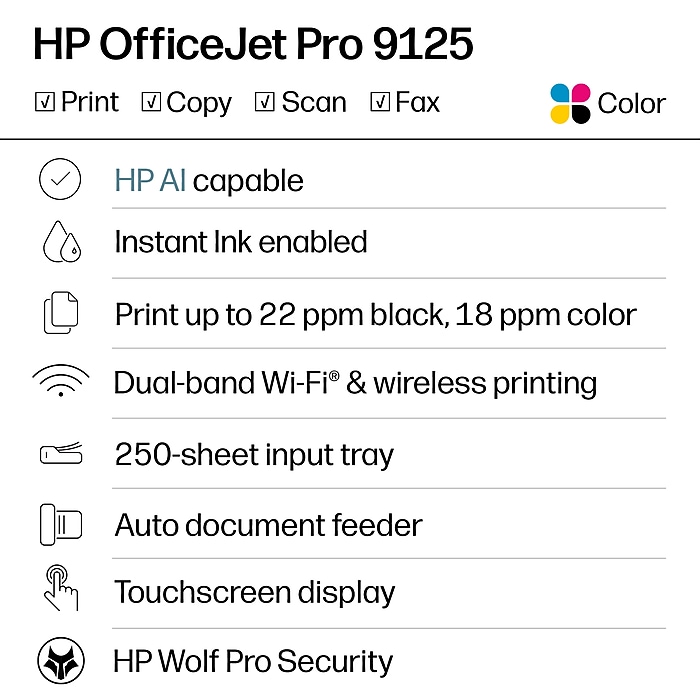 image-82.jpeg HP OfficeJet Pro 9125 Wireless Color All-In-One Printer, Scan, Copy, Fax, 3 Months Free Instant Ink, AI Enabled ( C2VZ0A)