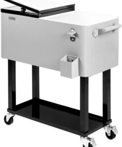 VINGLI Rolling Ice Chest, Portable Patio Party Bar Drink Cooler Cart, with Shelf, Beverage Pool with Bottle Opener, Grey