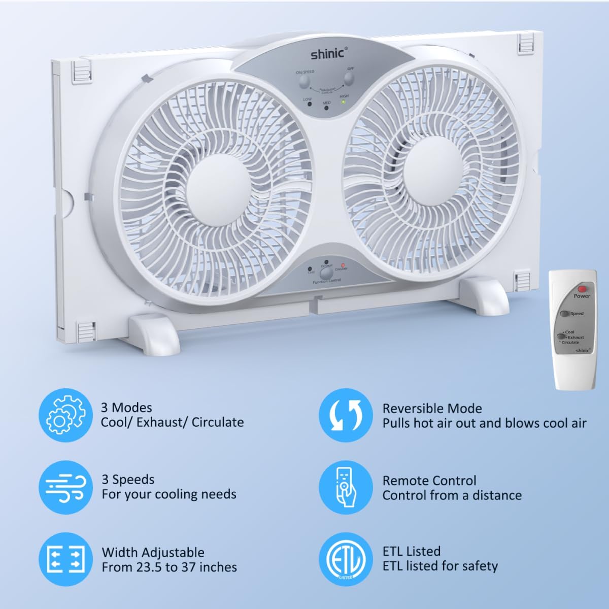 shinic Window Fan, 2026 Updated Quiet Window Exhaust Fan. Reversible Airflow, 9" Blades, Full Remote Control, 3 Functions 3 Speeds. Adjustable Width 23.8"-37", for Bathroom & Kitchen, ETL Certified shinic Window Fan, 2026 Updated Quiet Window Exhaust Fan. Reversible Airflow, 9" Blades, Full Remote Control, 3 Functions 3 Speeds. Adjustable Width 23.8"-37", for Bathroom & Kitchen, ETL Certified - Image 2