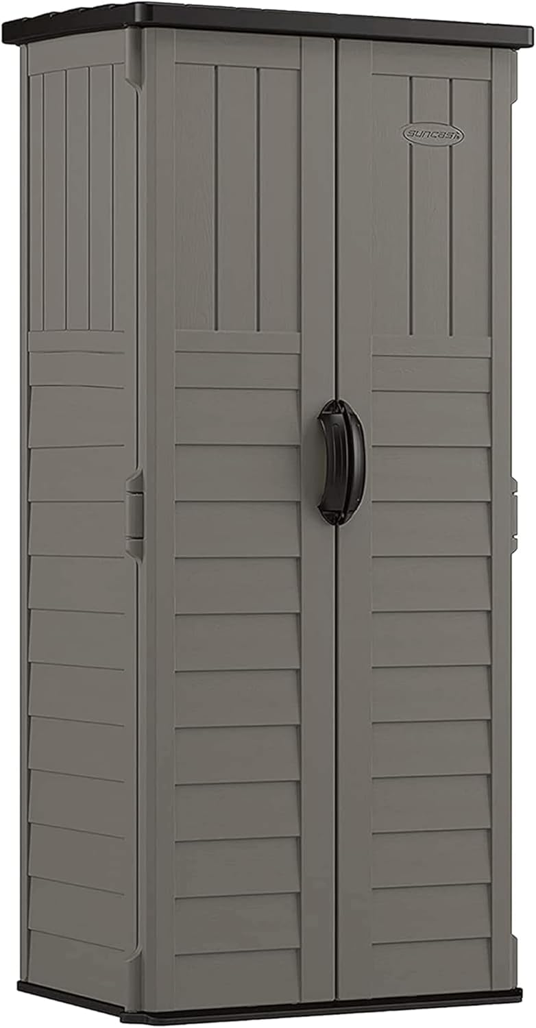Suncast 22 Cubic Ft. Vertical Resin Outdoor Storage Shed with Lockable Double Doors, Weather-Resistant Multi-Wall Panels, Stoney Suncast 22 Cubic Ft. Vertical Resin Outdoor Storage Shed with Lockable Double Doors, Weather-Resistant Multi-Wall Panels, Stoney