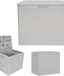 Suncast 22-Gal. Resin Small Outdoor Patio Deck Box with Reeded Design, Modern Outdoor Patio Bench/Storage Box for Cushions, Garden Tools, and More, French Gray