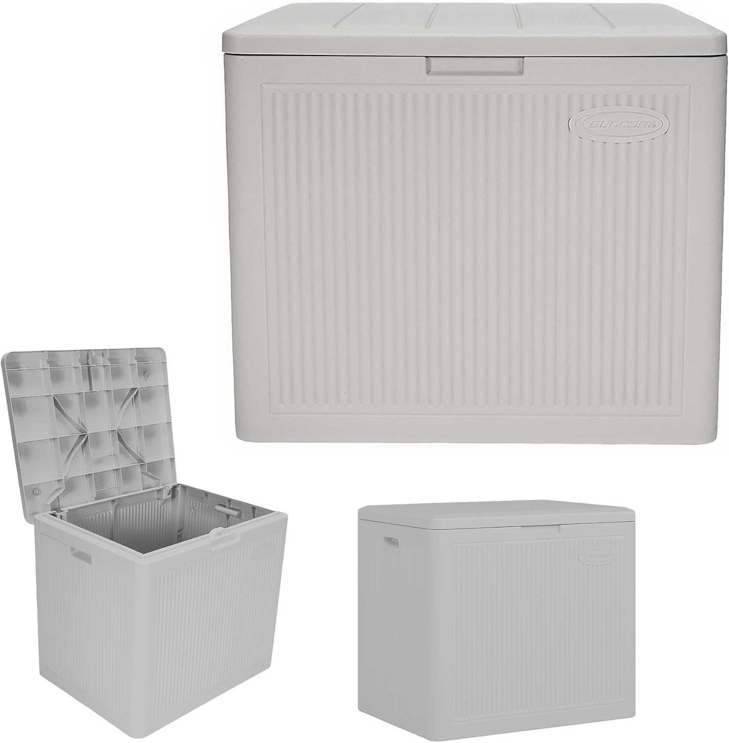 Suncast 22-Gal. Resin Small Outdoor Patio Deck Box with Reeded Design, Modern Outdoor Patio Bench/Storage Box for Cushions, Garden Tools, and More, French Gray Suncast 22-Gal. Resin Small Outdoor Patio Deck Box with Reeded Design, Modern Outdoor Patio Bench/Storage Box for Cushions, Garden Tools, and More, French Gray