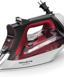 Rowenta Iron, Focus Excellence Stainless Steel Soleplate Steam Iron for Clothes, Retractable Cord, 400+ Microsteam Holes, Powerful steam, LED Display, 1750 W Ironing Clothes, Cordreel, Red DW5433