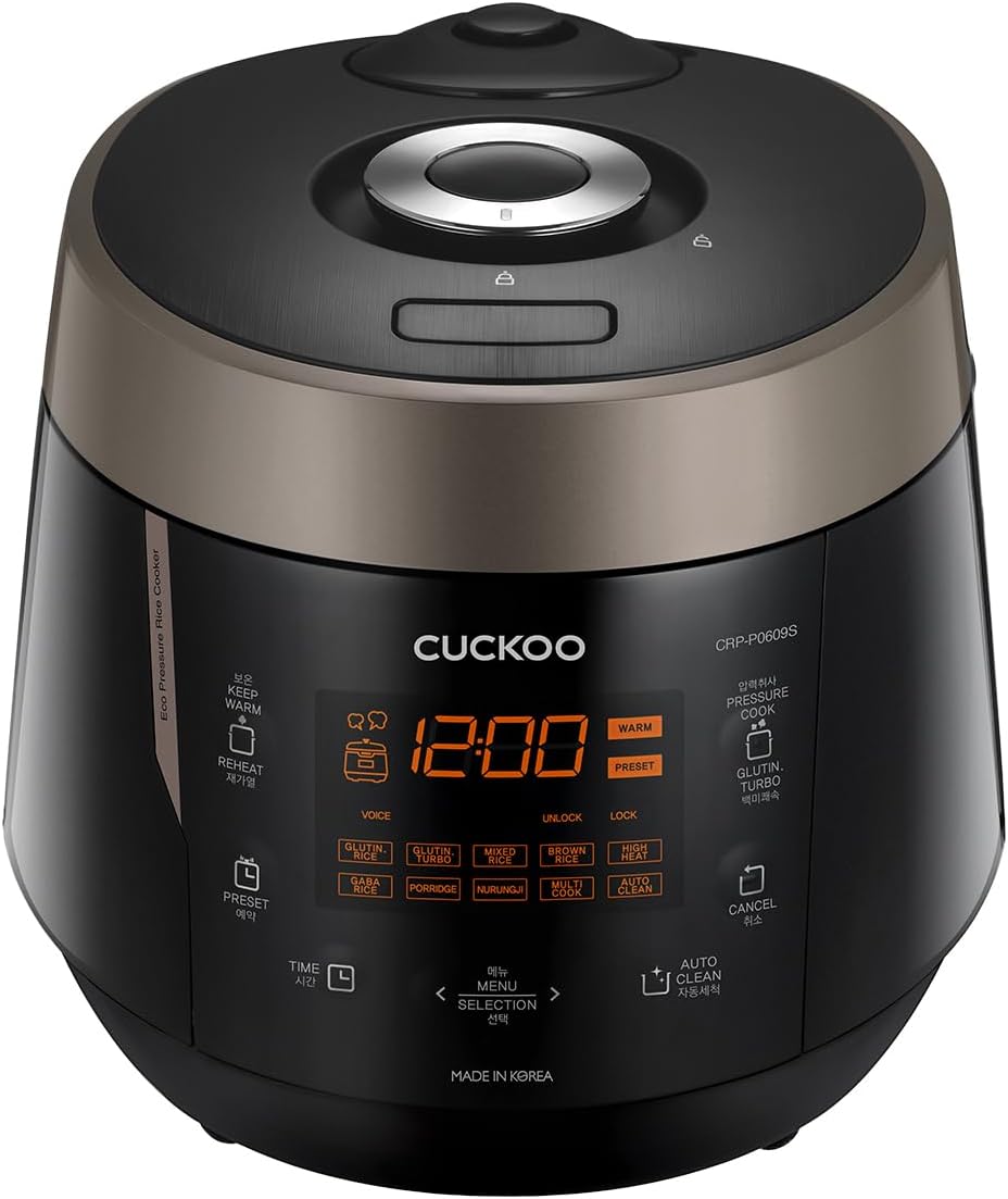 CUCKOO High Pressure Rice Cooker 6-Cup Uncooked / 12-Cup Cooked with Nonstick Inner Pot, Versatile Rice Maker with 12 Menu Options and Steam Plate, Fuzzy Logic Tech, Voice Guide, Black (CRP-P0609S)