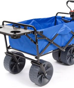 MacSports All Terrain Beach Wagon with Side Table|Heavy Duty Collapsible Folding Cart with Large Wheels for Beach Day, Picnic, Camping,Outdoor Activities | Blue/Black