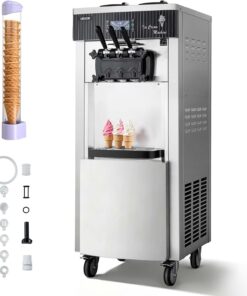 VEVOR Commercial Ice Cream Machine, 20-28L/H Yield, 2200W 3-Flavor Freestanding Soft Serve Ice Cream Maker with 2 x 6L Hoppers & Hopper Agitation, Pre-Cooling Self-Cleaning for Snack Dessert Shops