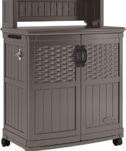Suncast Patio Plastic Storage and Prep Station with Decorative Wicker Pattern and Multi Wall Panels for Patio, Garden, and Lawn Use, Stoney Gray