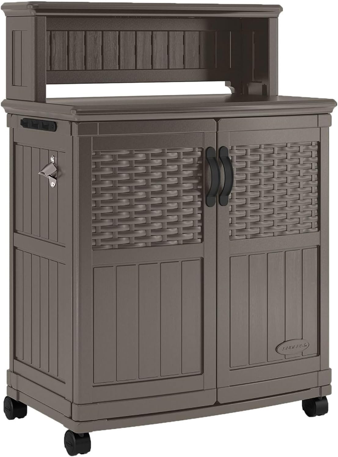 Suncast Patio Plastic Storage and Prep Station with Decorative Wicker Pattern and Multi Wall Panels for Patio, Garden, and Lawn Use, Stoney Gray Suncast Patio Plastic Storage and Prep Station with Decorative Wicker Pattern and Multi Wall Panels for Patio, Garden, and Lawn Use, Stoney Gray