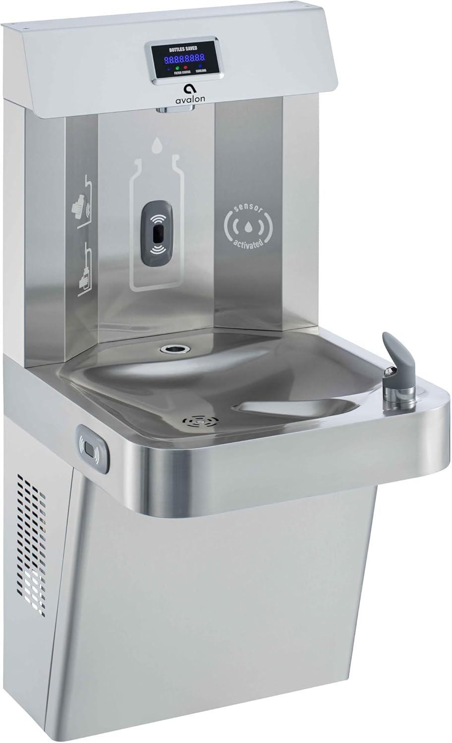 Avalon Wall Mounted Water Fountain with Bottle Filling Station, High Capacity Cooling, Sensor Dispensing, Self Cleaning, Digital Bottle Counter Display, Dual Filtration, ADA Compliant Avalon Wall Mounted Water Fountain with Bottle Filling Station, High Capacity Cooling, Sensor Dispensing, Self Cleaning, Digital Bottle Counter Display, Dual Filtration, ADA Compliant