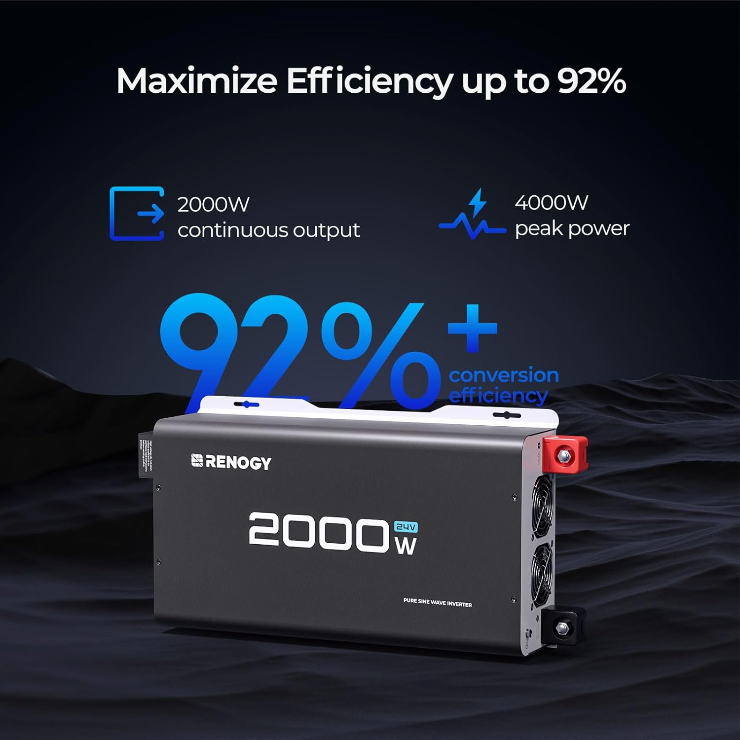 Renogy 2000W 24V Pure Sine Wave Inverter, 4000W Peak Power, 92% Energy Efficiency, with 2 AC Outputs, Remote Control, RV Truck Marine Camping Renogy 2000W 24V Pure Sine Wave Inverter, 4000W Peak Power, 92% Energy Efficiency, with 2 AC Outputs, Remote Control, RV Truck Marine Camping - Image 4