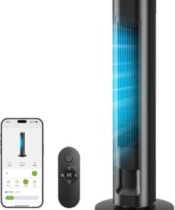 MORENTO Tower Fan for Bedroom, 36" Smart Standing Fan with WiFi APP Voice Control, 4 Modes 4 Speeds, 90° Oscillating, 12H Timer & 25dB Ultra Quiet Safe Bladeless Floor Fan with Remote, Black, 1 Pack